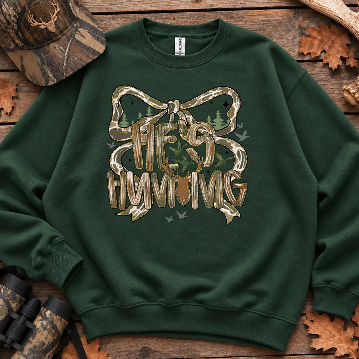 Hes Hunting Bow Typography Sweatshirt in Forest Green
