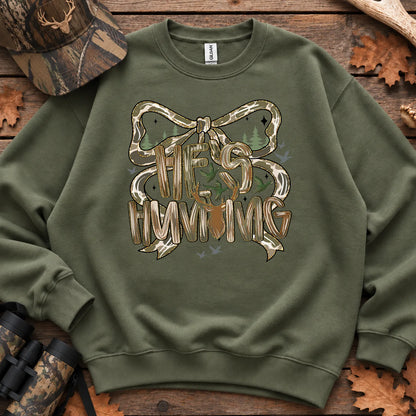 Hes Hunting Bow Typography Sweatshirt in Military Green
