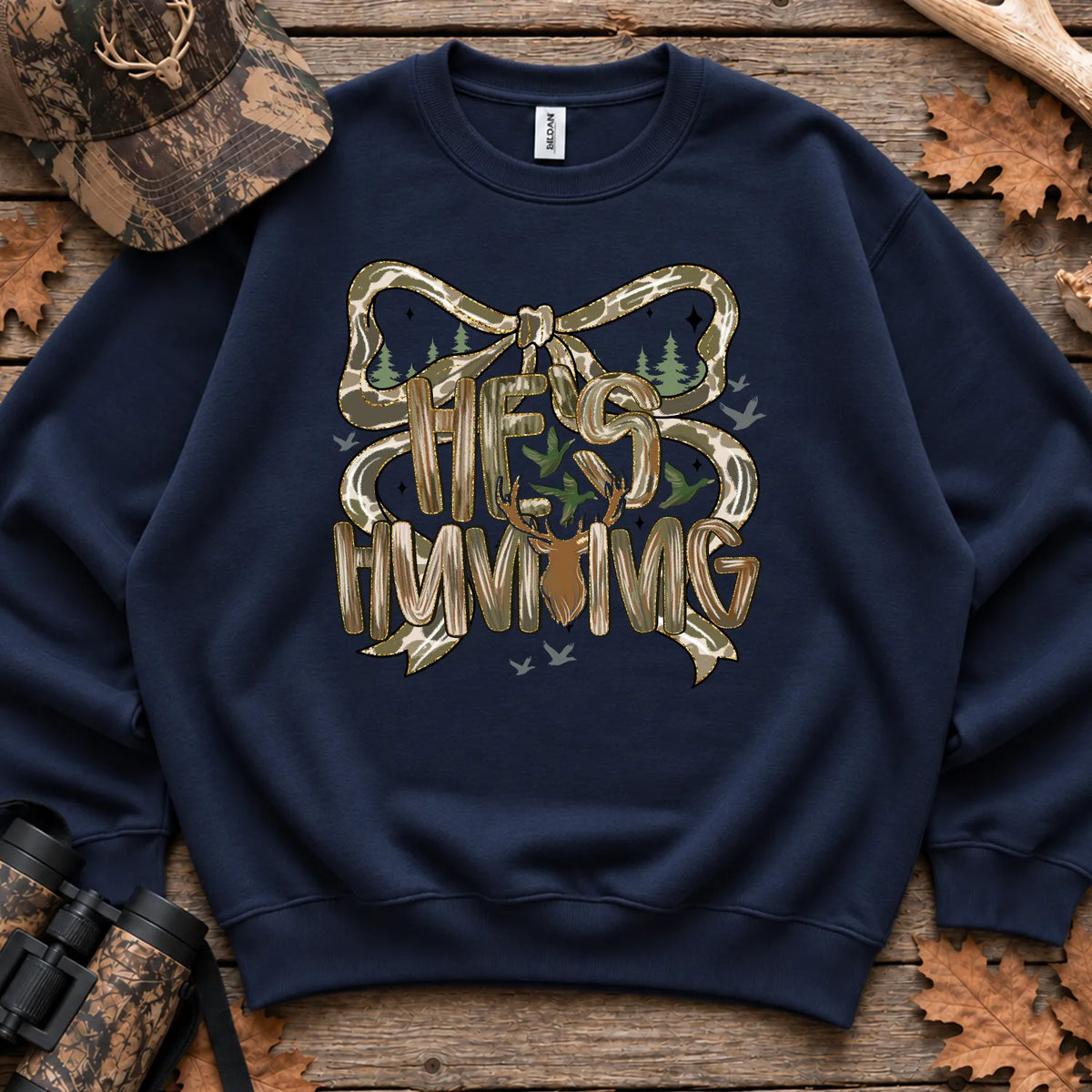 Hes Hunting Bow Typography Sweatshirt in Navy