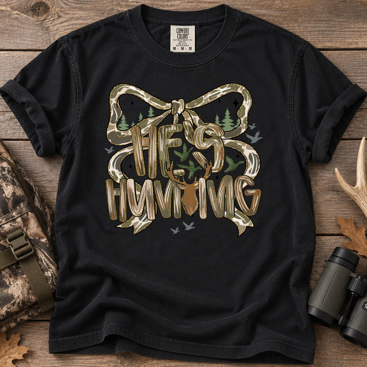 He's Hunting Camo Bow T-Shirt in Black