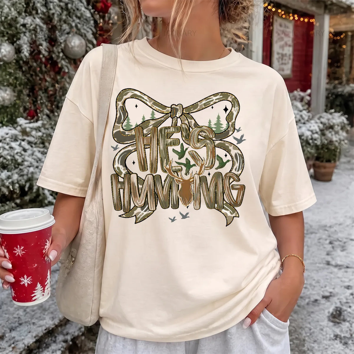 He's Hunting Camo Bow T-Shirt Women model in Ivory