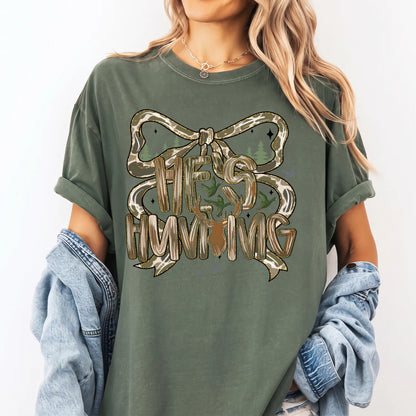 He's Hunting Camo Bow T-Shirt Women model in Moss