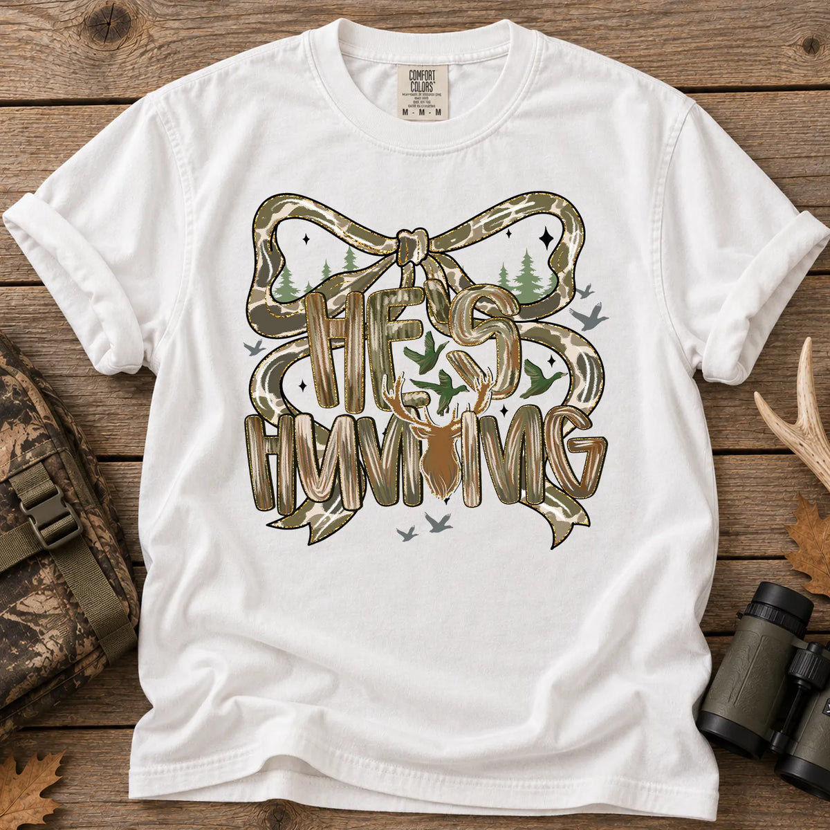 He's Hunting Camo Bow T-Shirt in White