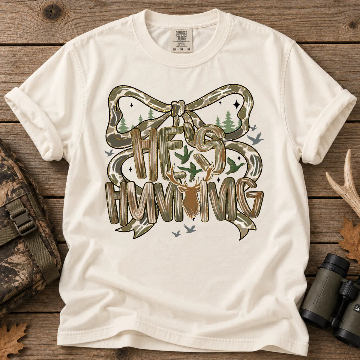 He's Hunting Camo Bow T-Shirt in Ivory