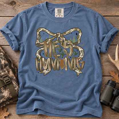 He's Hunting Camo Bow T-Shirt in Blue Jean