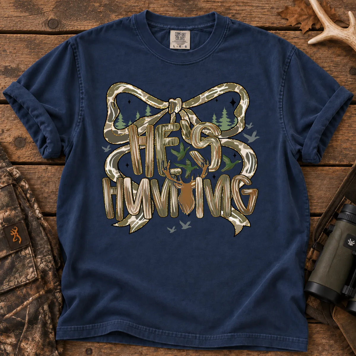 He's Hunting Camo Bow T-Shirt in True Navy