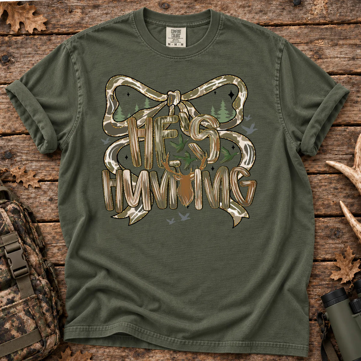 He's Hunting Camo Bow T-Shirt in Moss