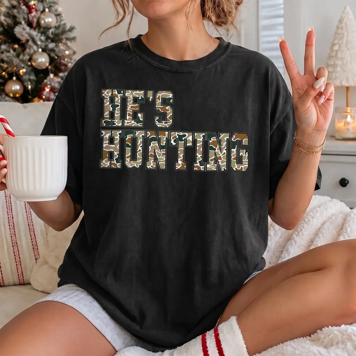 He's Hunting Camo Quote T-Shirt Women model in Black