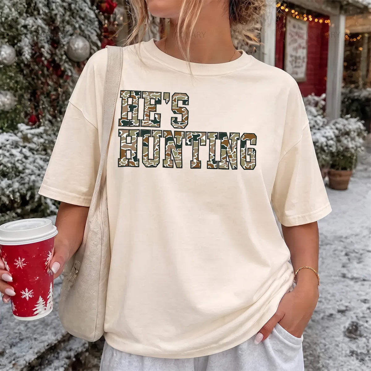 He's Hunting Camo Quote T-Shirt Women model in Ivory