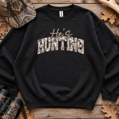 Hes Hunting Camo Typography Sweatshirt in Black