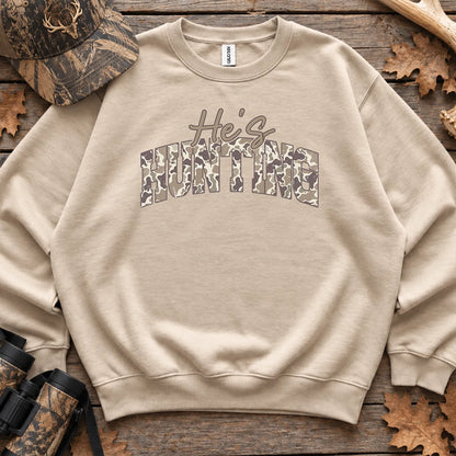 Hes Hunting Camo Typography Sweatshirt in Sand