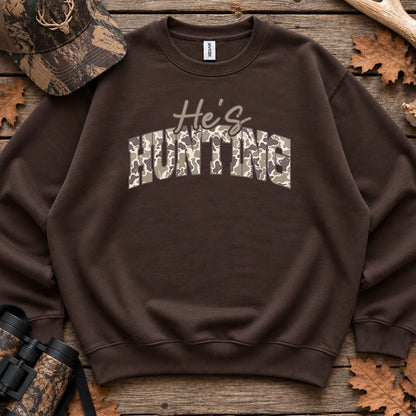 Hes Hunting Camo Typography Sweatshirt in Dark Chocolate