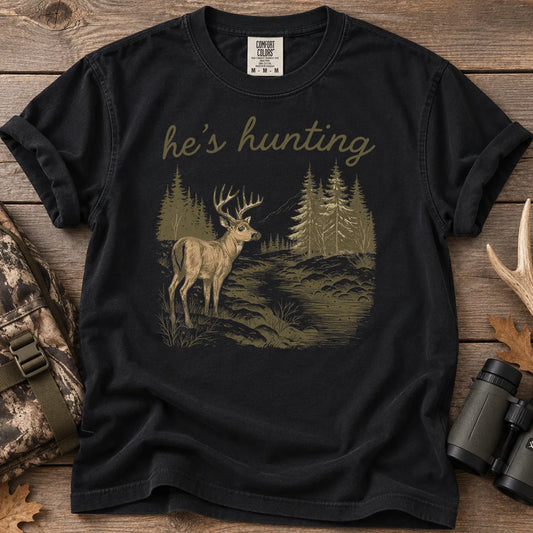 He's Hunting Deer Scene T-Shirt in Black