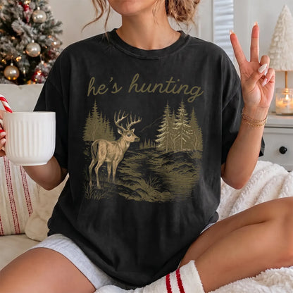 He's Hunting Deer Scene T-Shirt Women model in Black