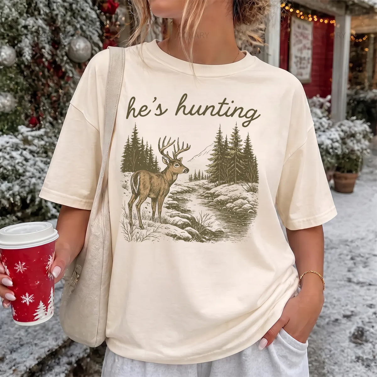 He's Hunting Deer Scene T-Shirt Women model in Ivory