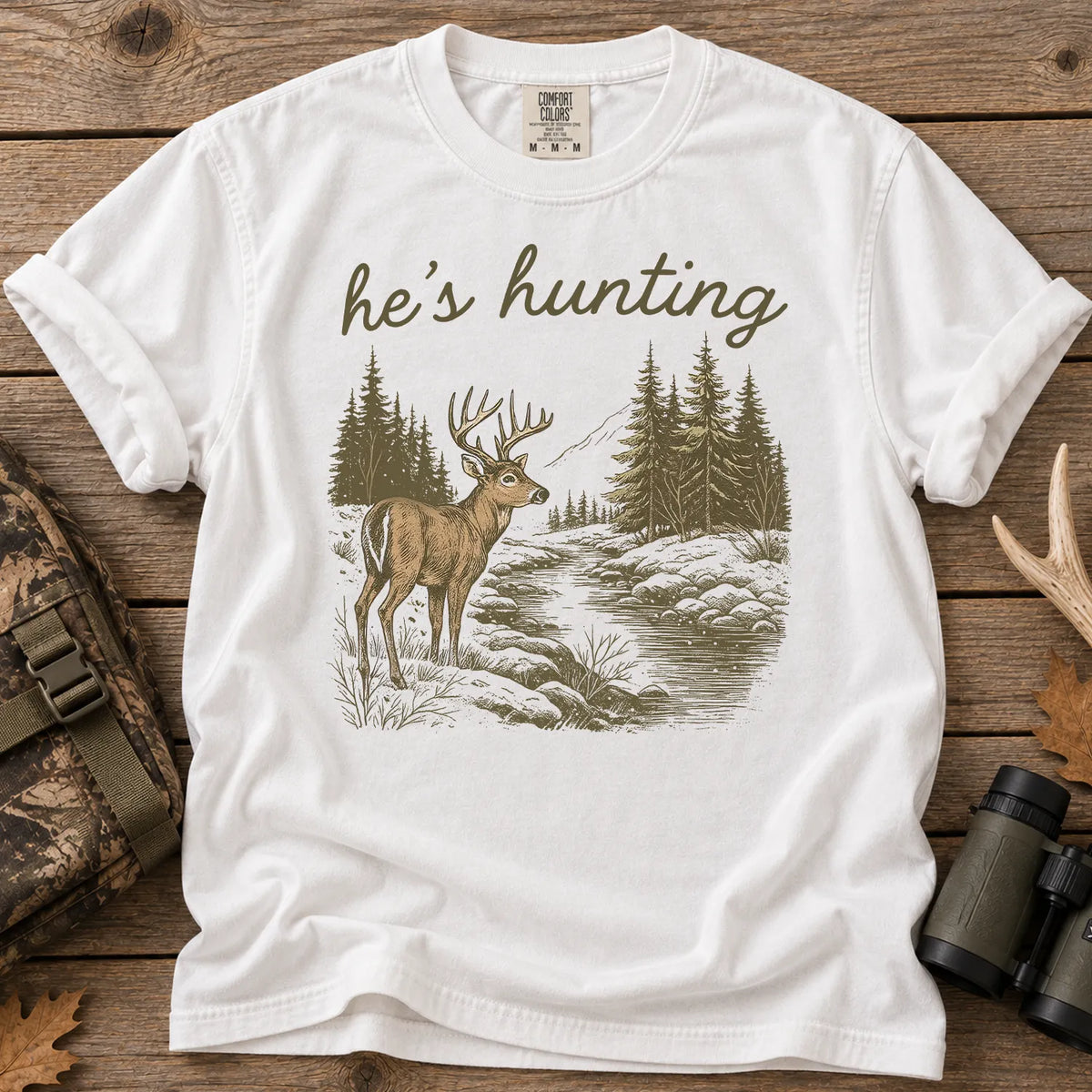 He's Hunting Deer Scene T-Shirt in White