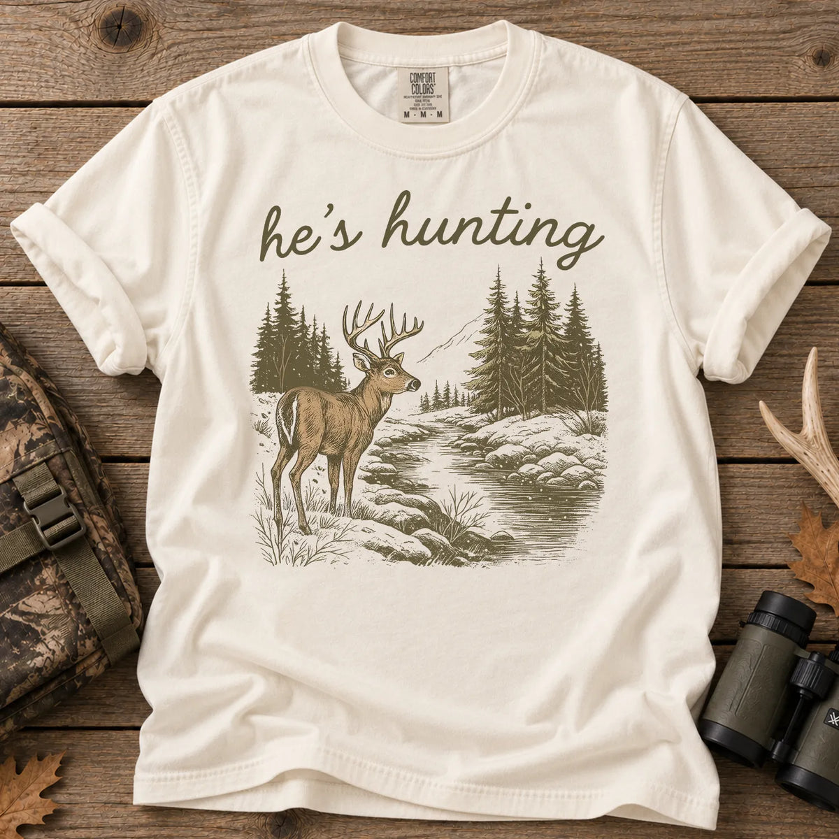 He's Hunting Deer Scene T-Shirt in Ivory