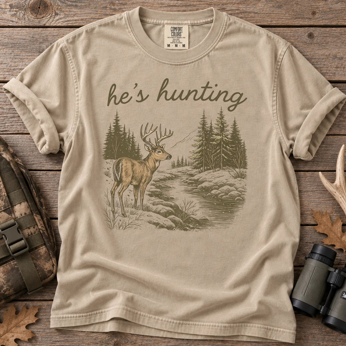 He's Hunting Deer Scene T-Shirt in Sandstone