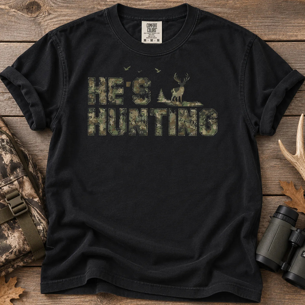 He's Hunting Distressed Camo T-Shirt in Black