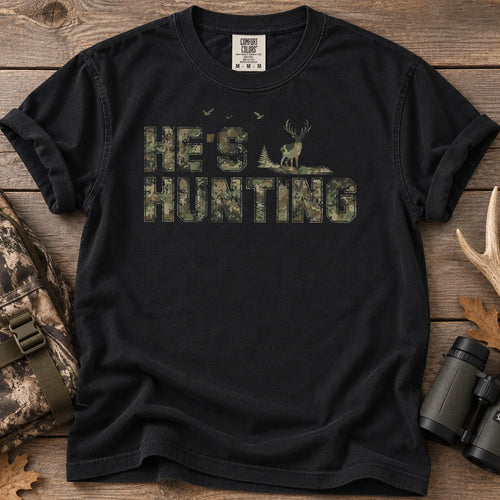 He's Hunting Distressed Camo T-Shirt in Black