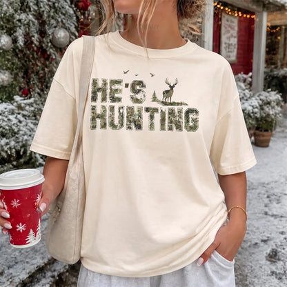 He's Hunting Distressed Camo T-Shirt Women model in Ivory