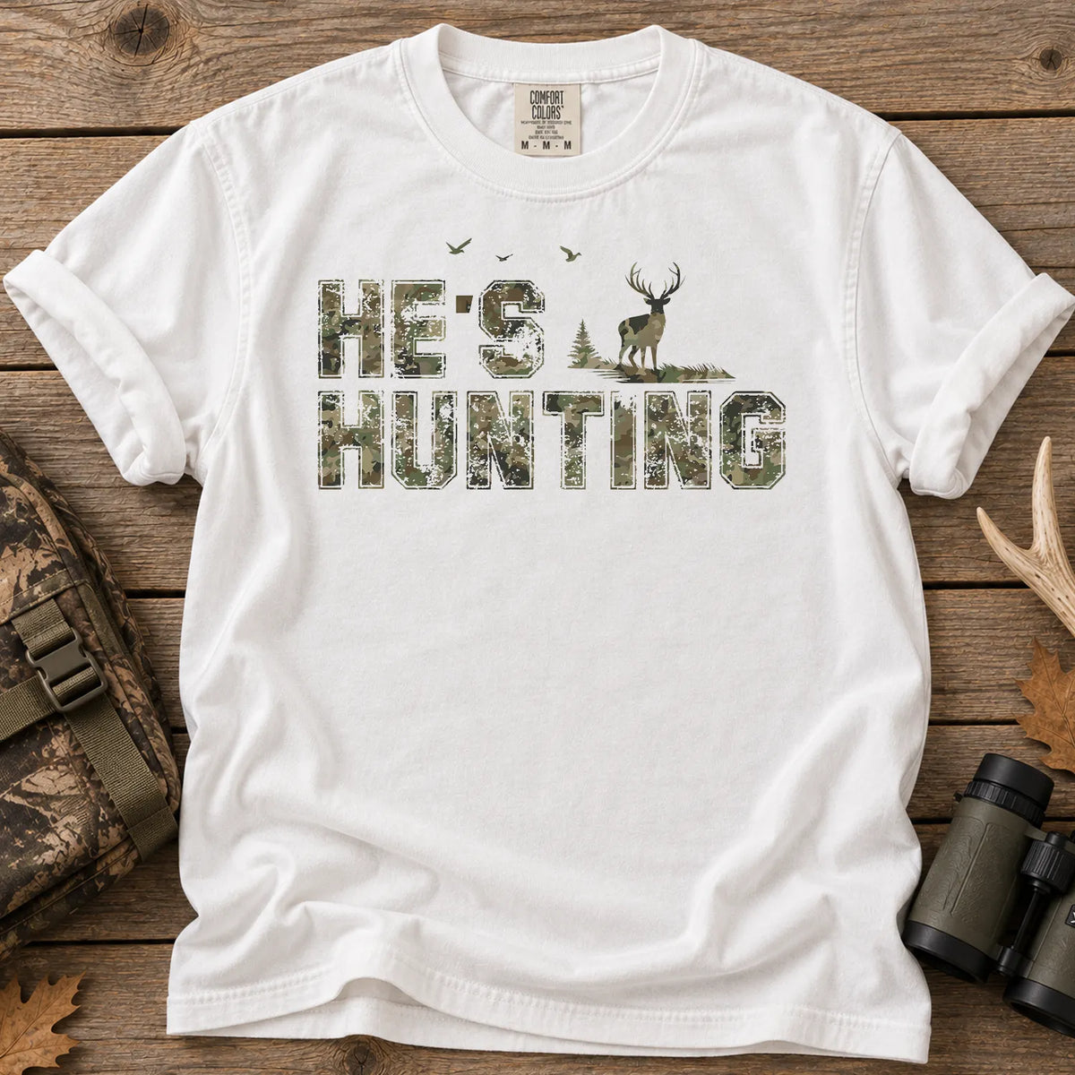 He's Hunting Distressed Camo T-Shirt in White