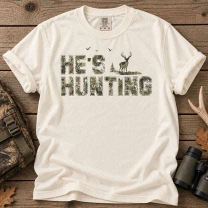 He's Hunting Distressed Camo T-Shirt in Ivory