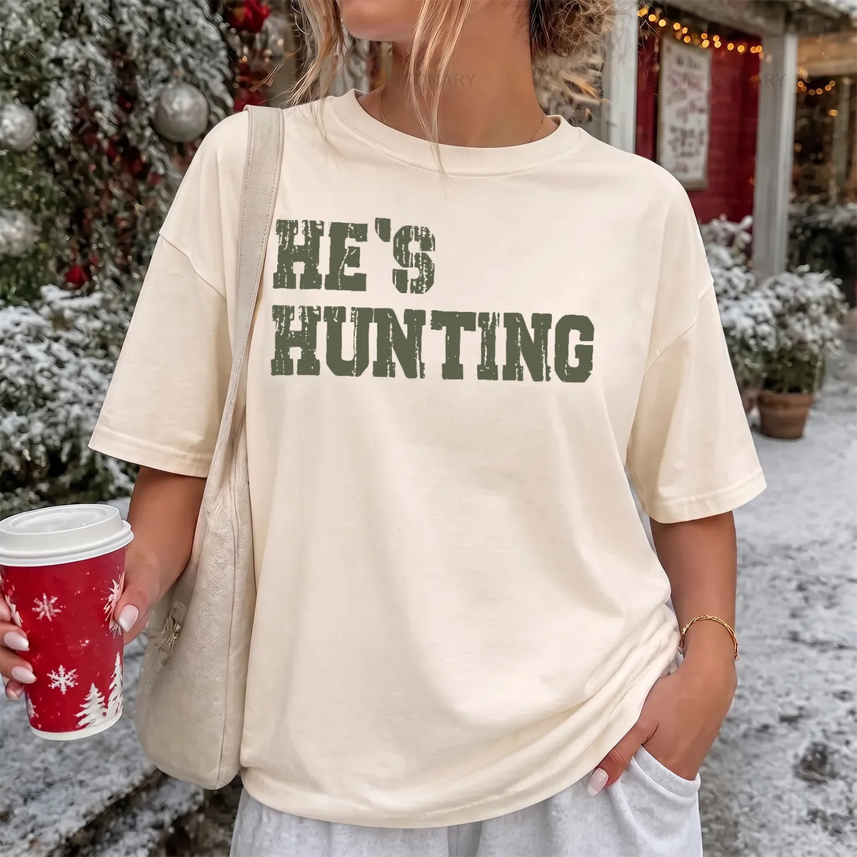 He's Hunting Green Block T-Shirt Women model in Ivory