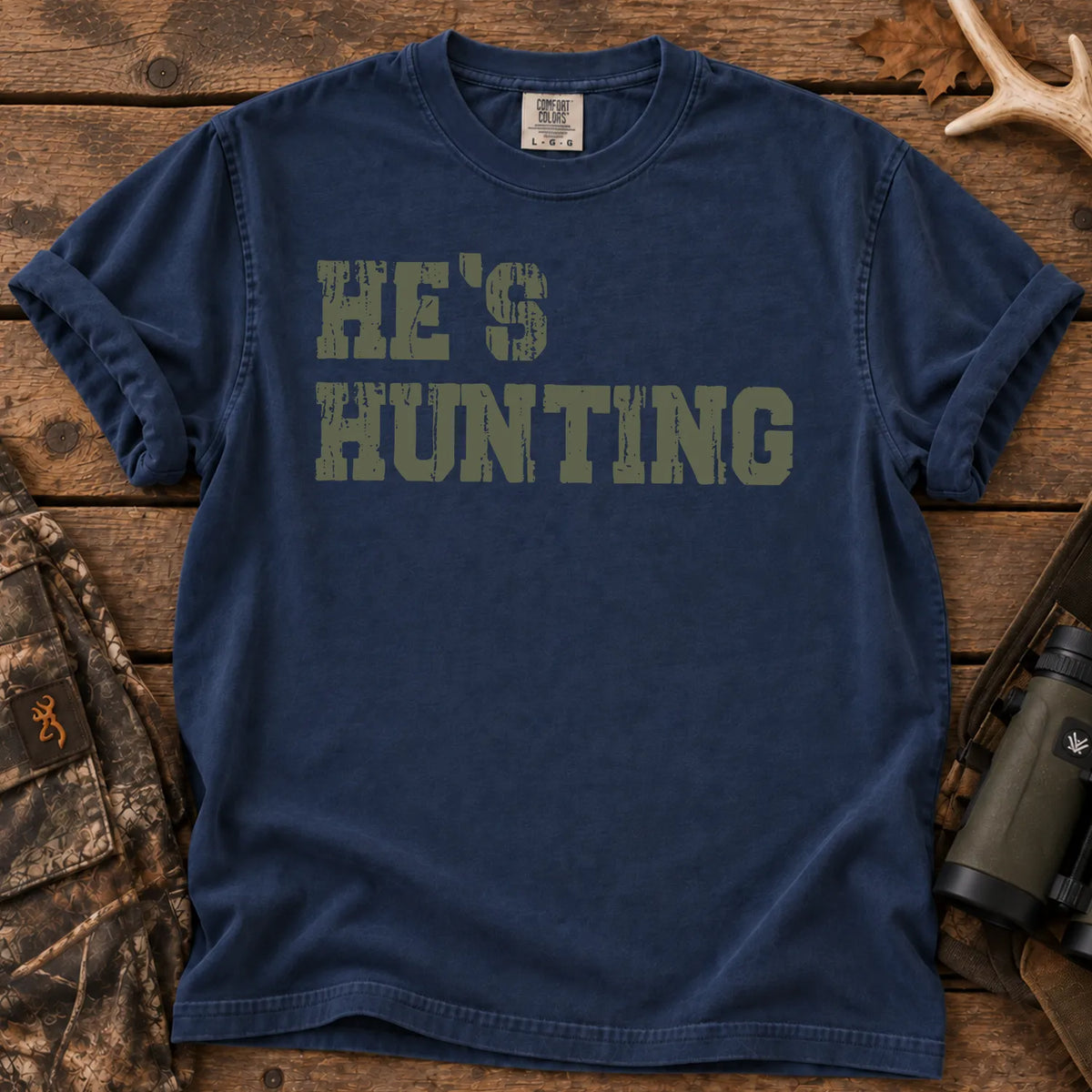 He's Hunting Green Block T-Shirt in True Navy