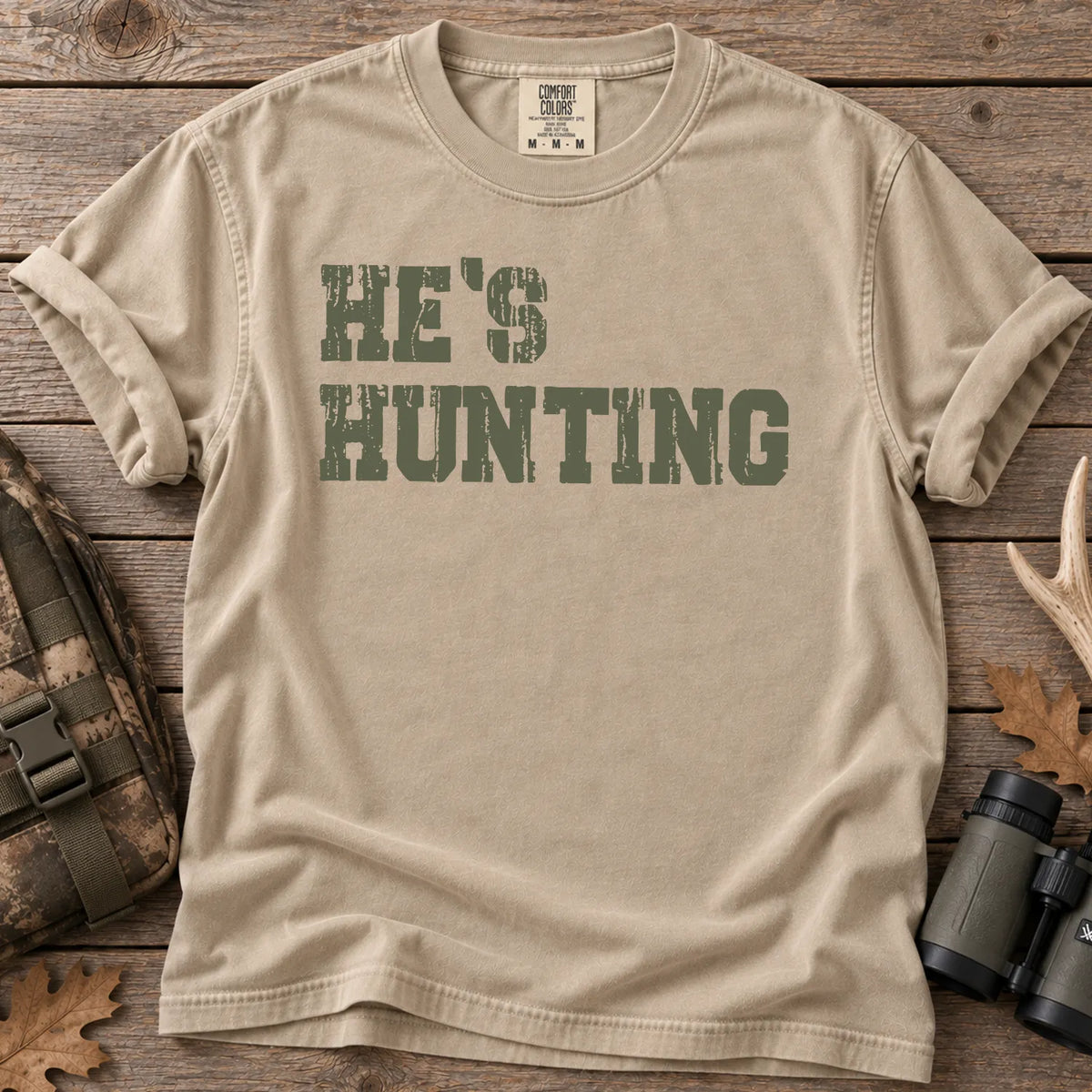 He's Hunting Green Block T-Shirt in Sandstone