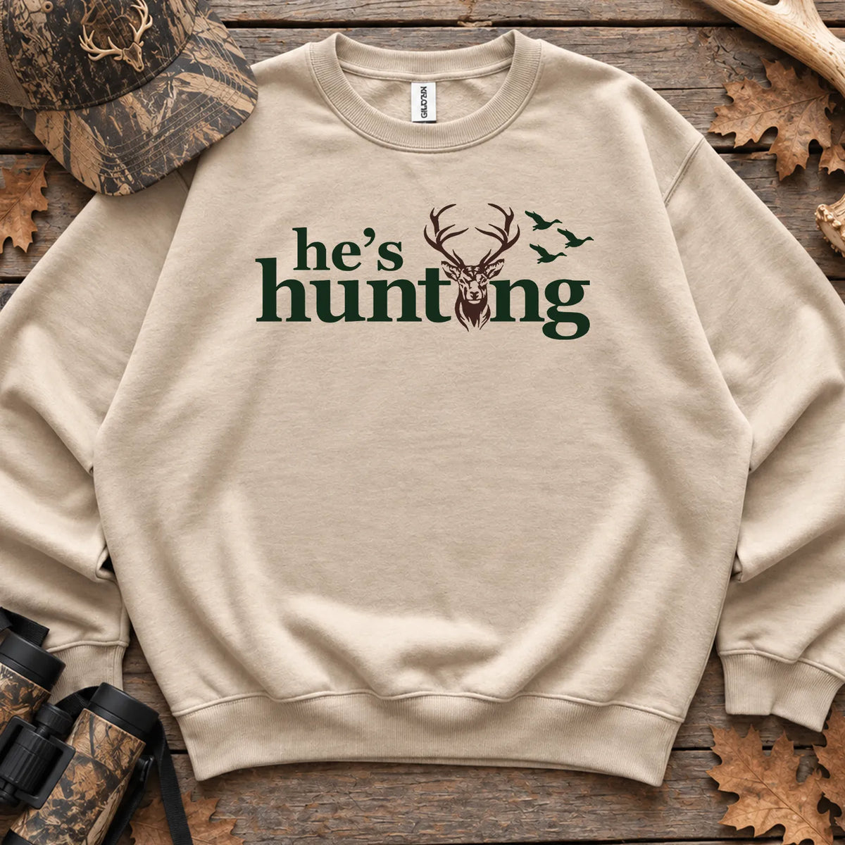 Hes Hunting Retro Camo Text Sweatshirt in Sand