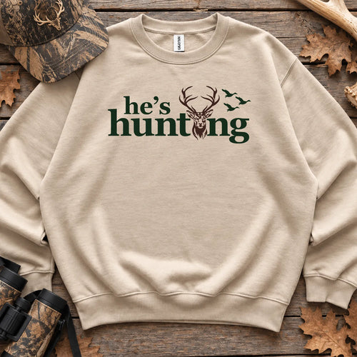 Hes Hunting Retro Camo Text Sweatshirt in Sand