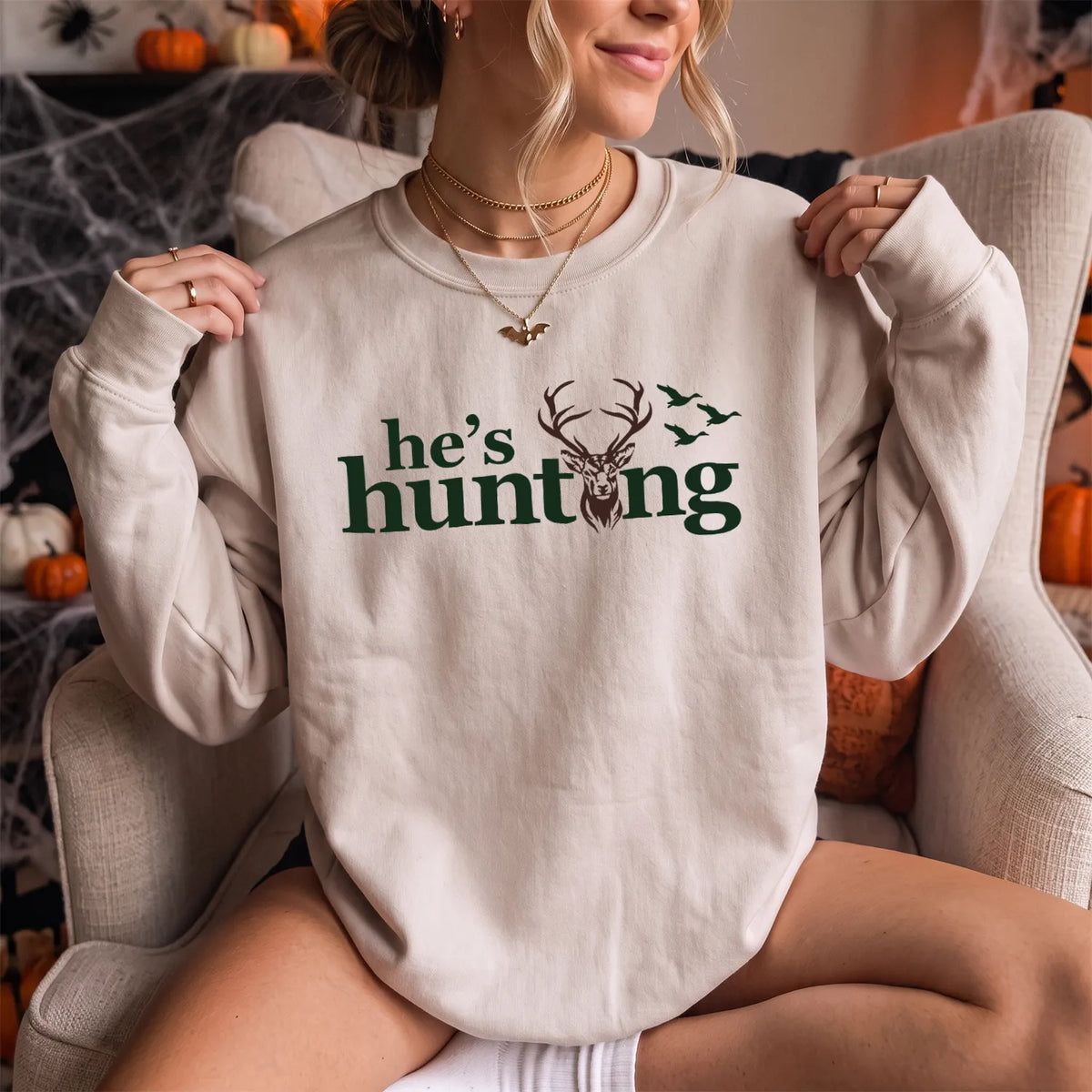 Hes Hunting Retro Camo Text Sweatshirt Women model in Sand