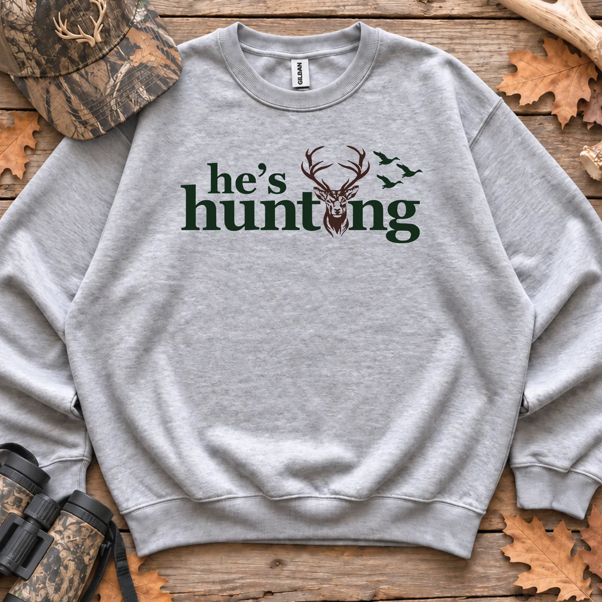 Hes Hunting Retro Camo Text Sweatshirt in Sport Grey