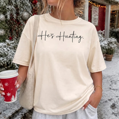 He's Hunting Script T-Shirt Women model in Ivory