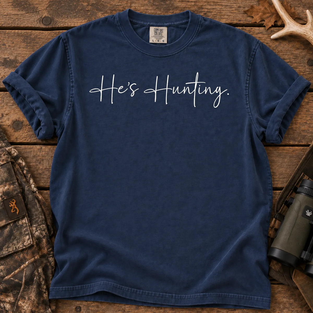 He's Hunting Script T-Shirt in True Navy