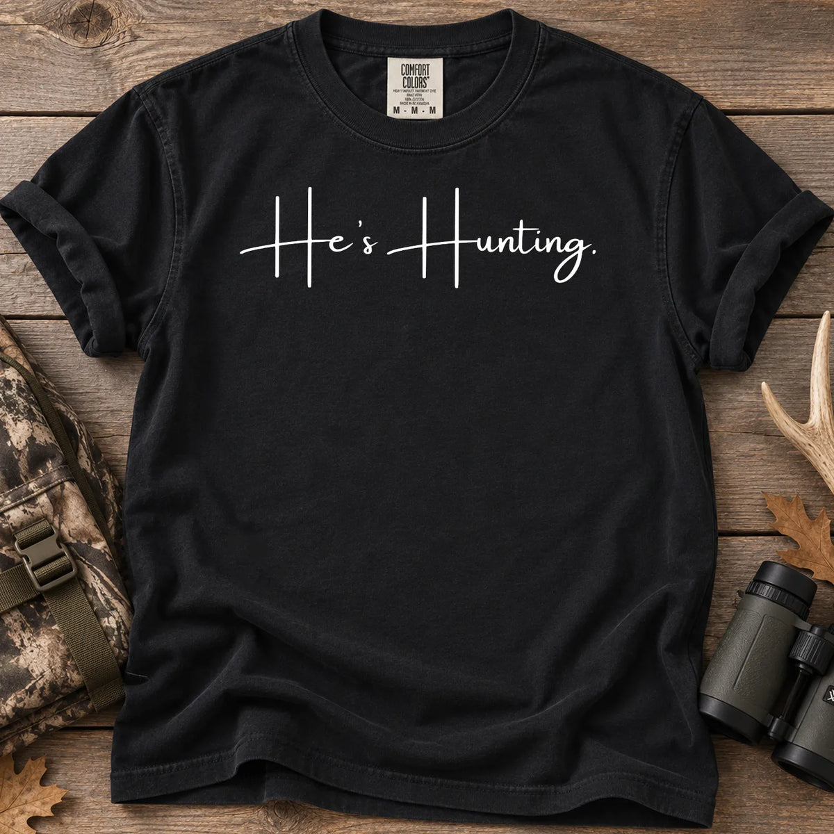 He's Hunting White Script T-Shirt in Black