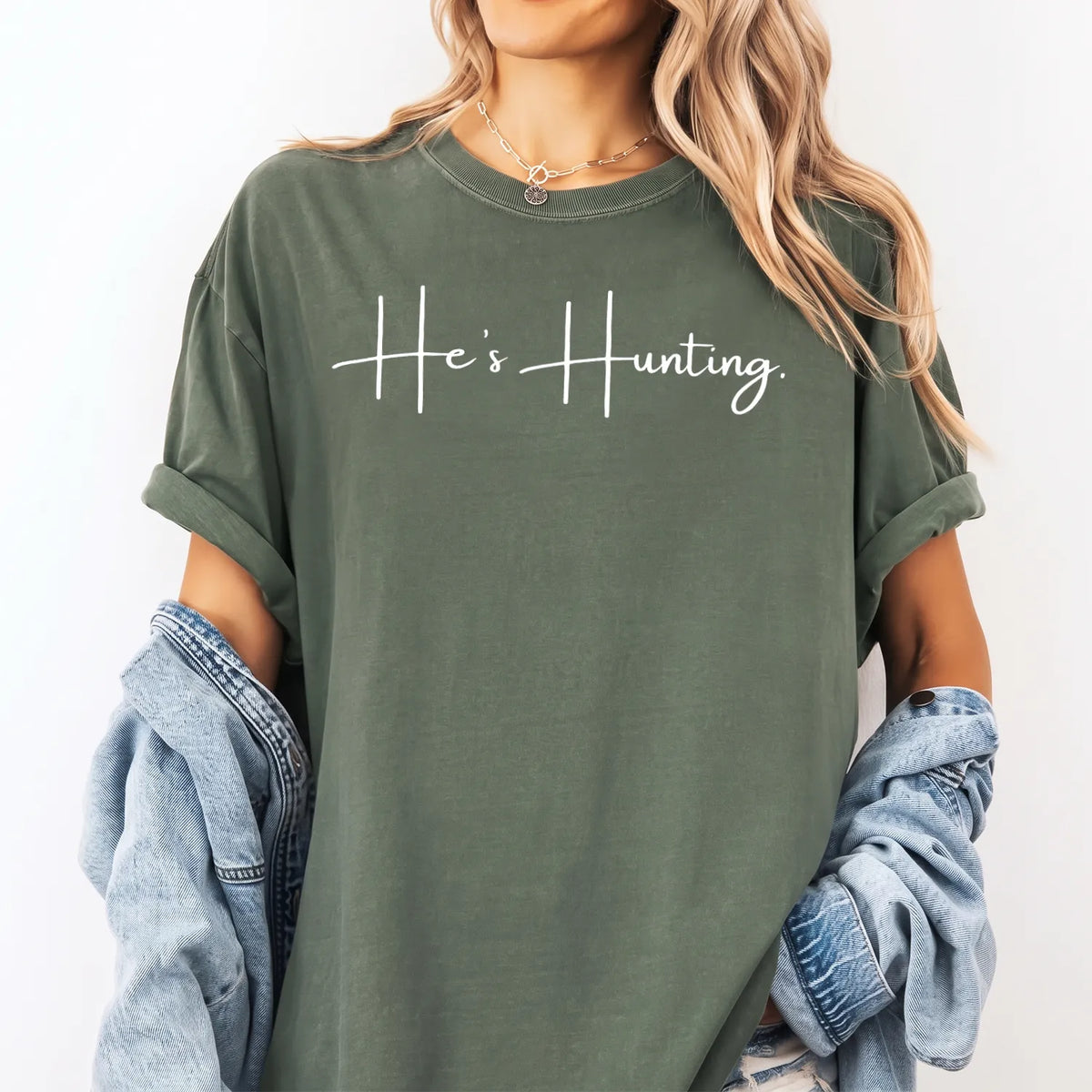 He's Hunting White Script T-Shirt Women model in Moss