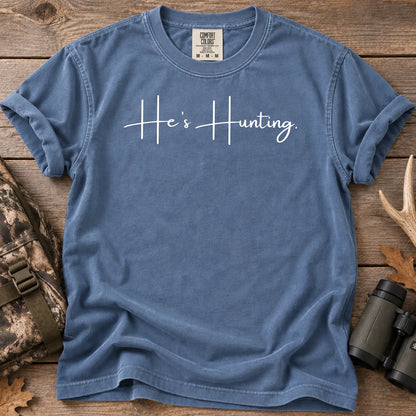 He's Hunting White Script T-Shirt in Blue Jean