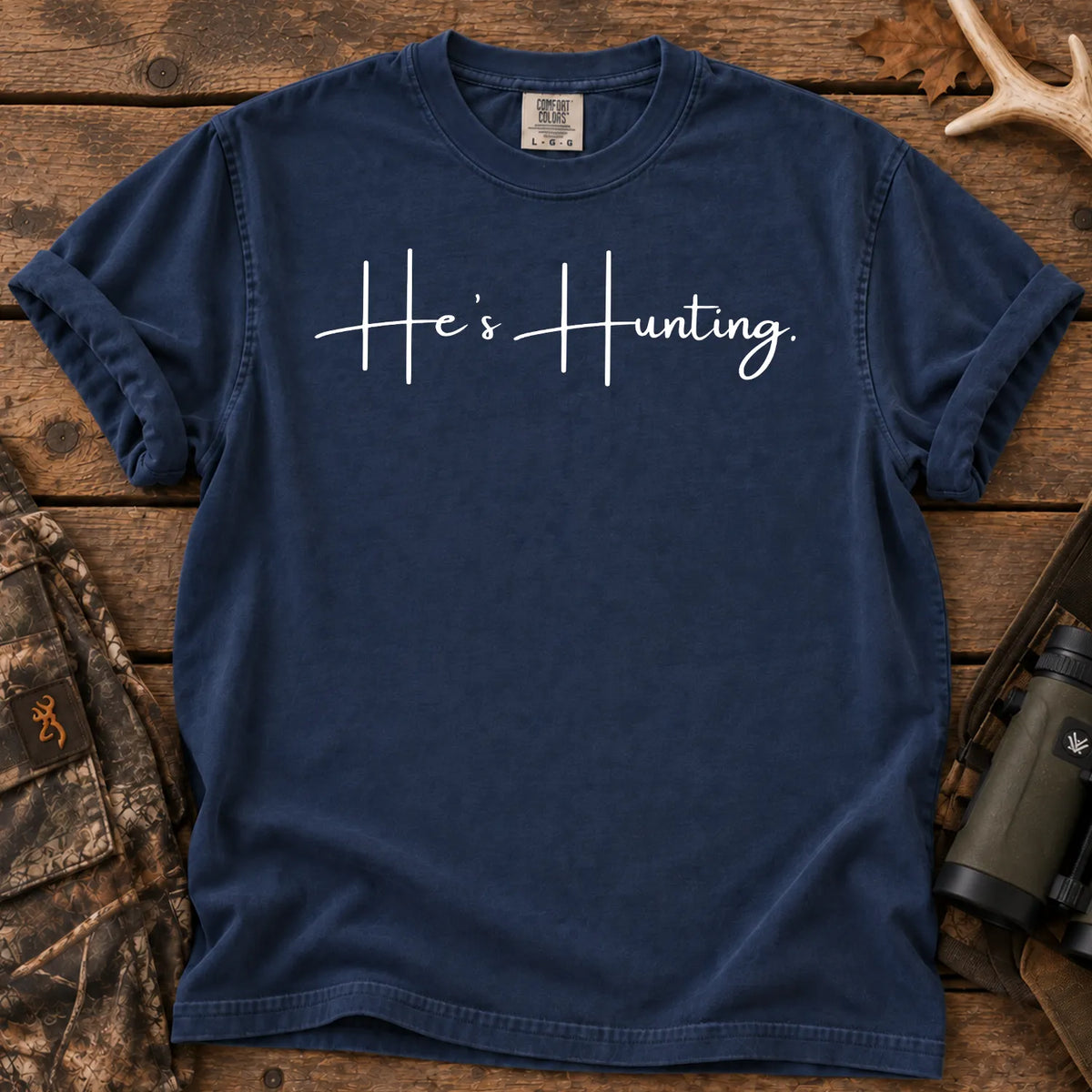 He's Hunting White Script T-Shirt in True Navy