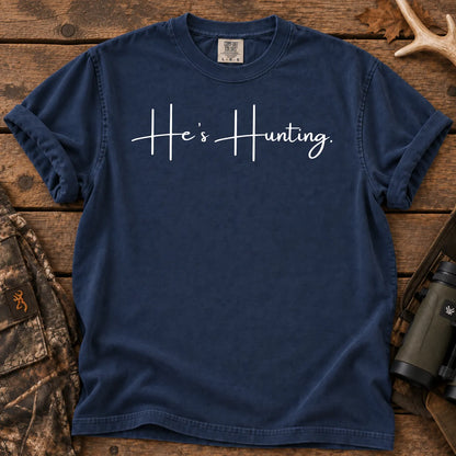 He's Hunting White Script T-Shirt in True Navy