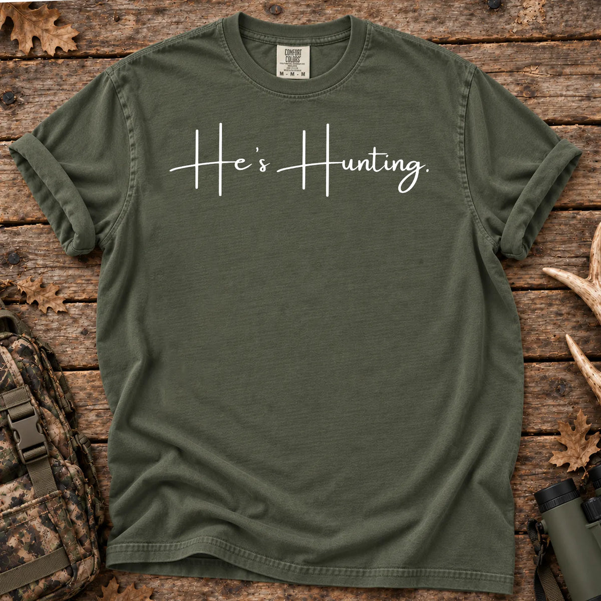 He's Hunting White Script T-Shirt in Moss