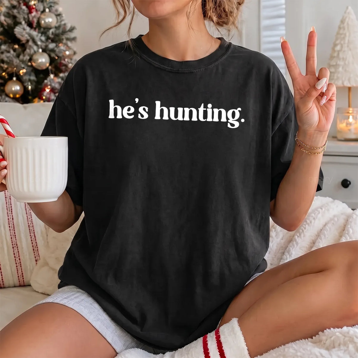 He's Hunting White Text T-Shirt Women model in Black