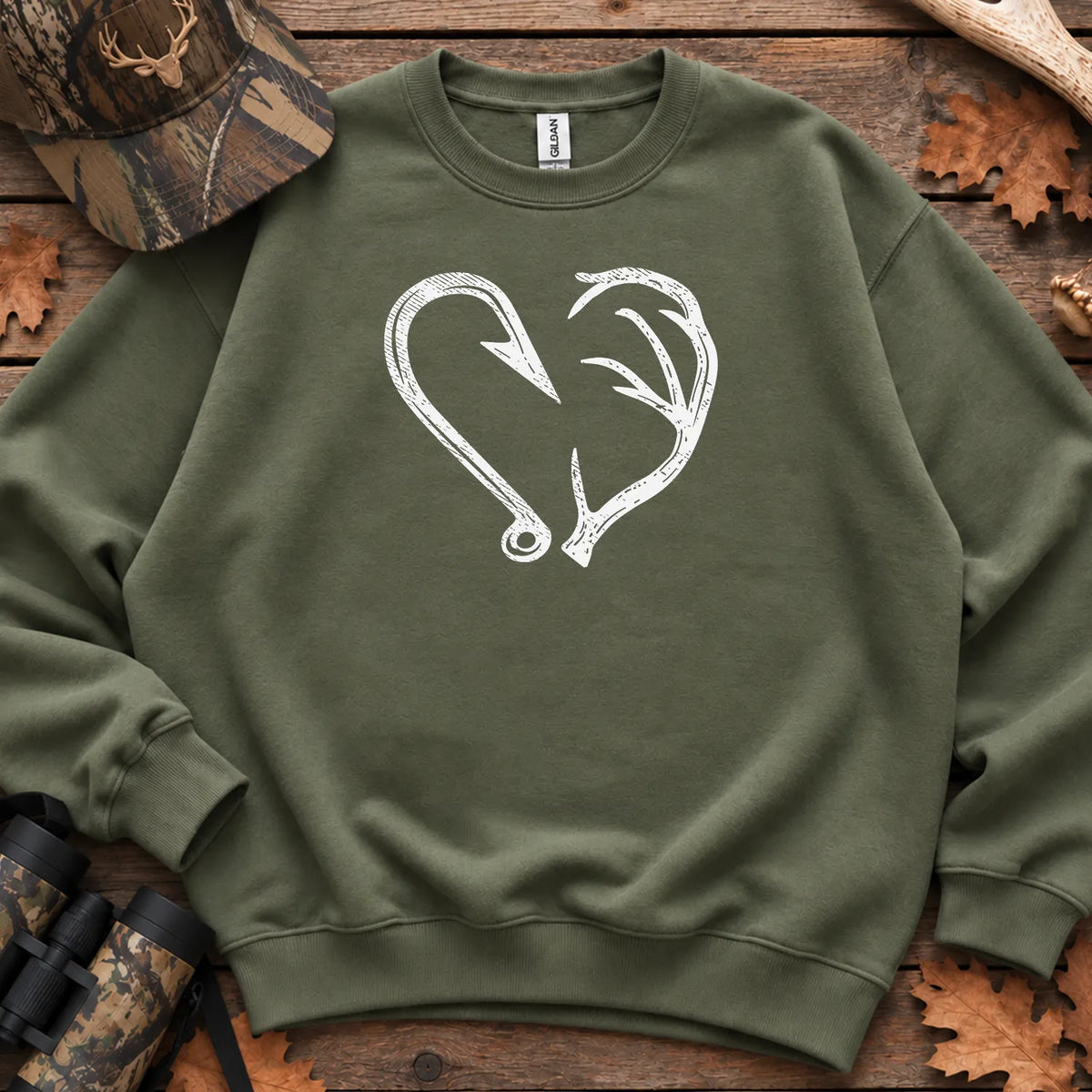 Hook and Antler Heart Sweatshirt in Military Green