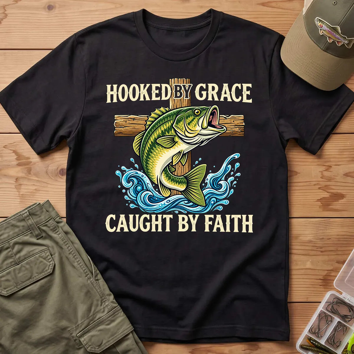 Hooked by Grace Caught by Faith T-Shirt in Black