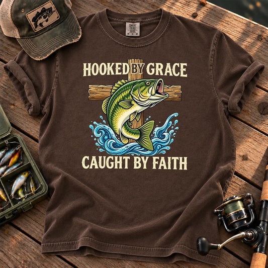 Hooked by Grace Caught by Faith T-Shirt in Espresso