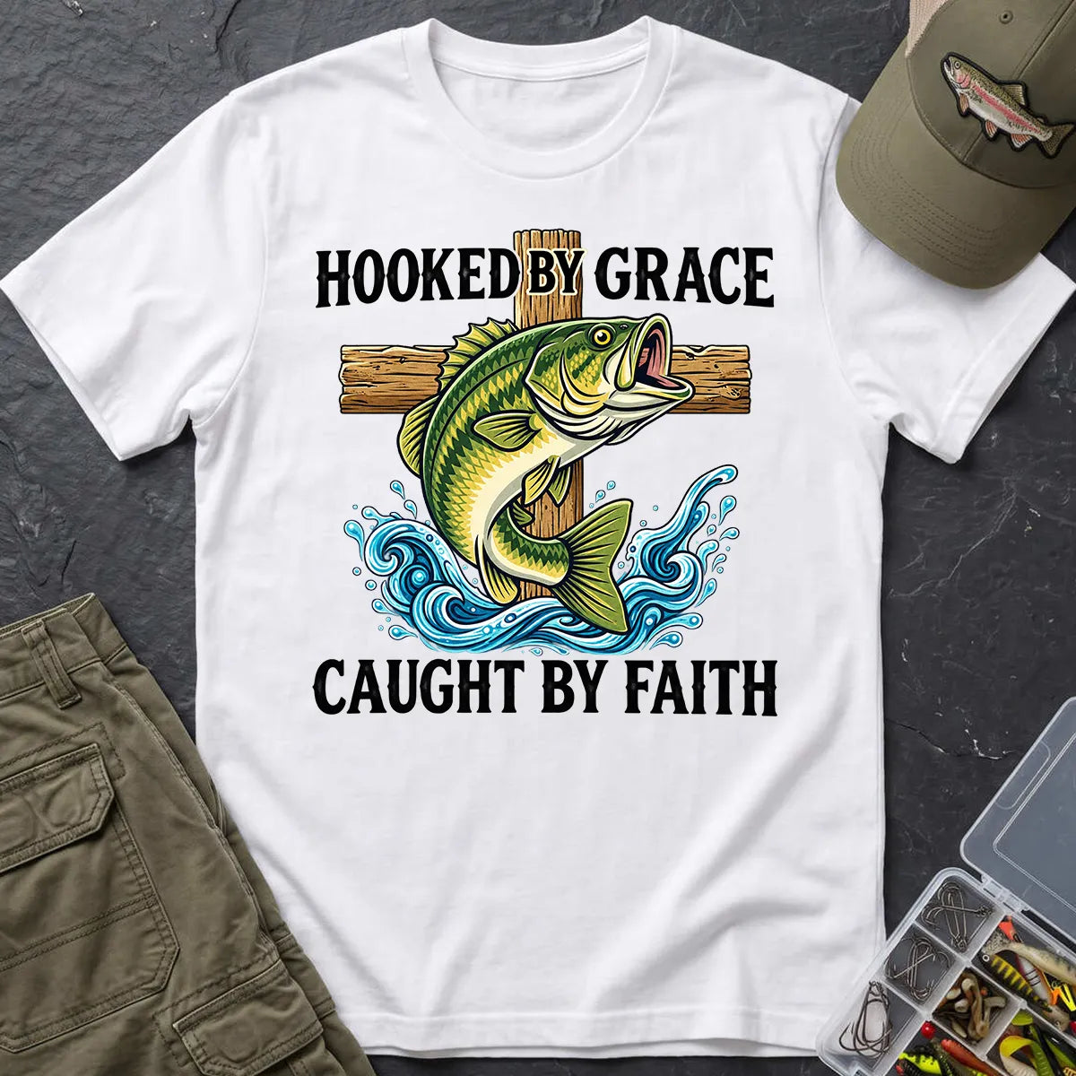 Hooked by Grace Caught by Faith T-Shirt in White