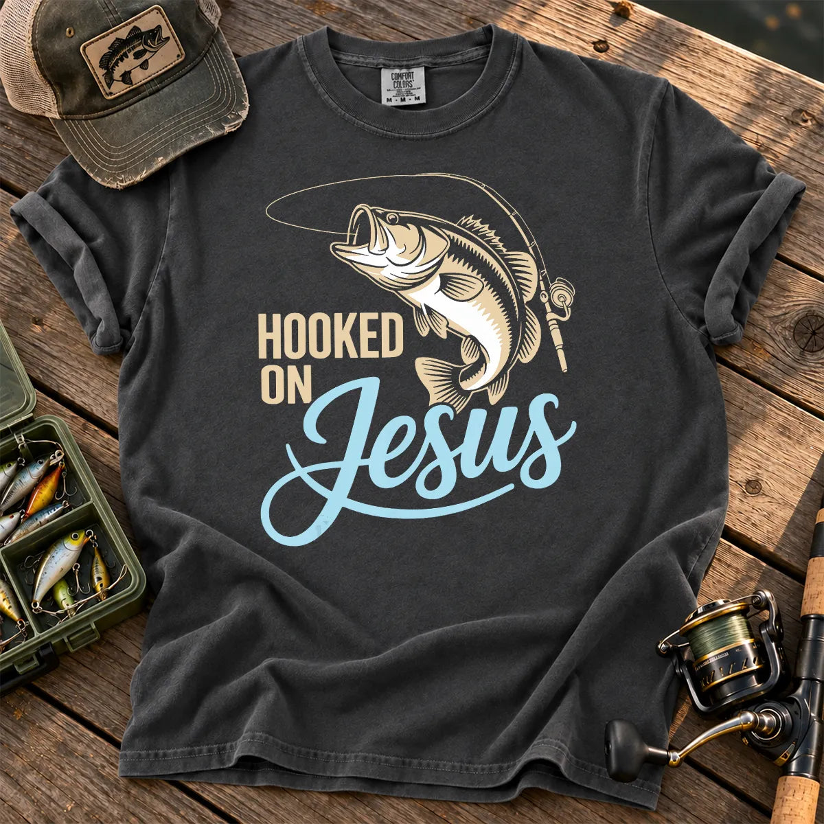 Hooked on Jesus Fishing T-Shirt in Pepper
