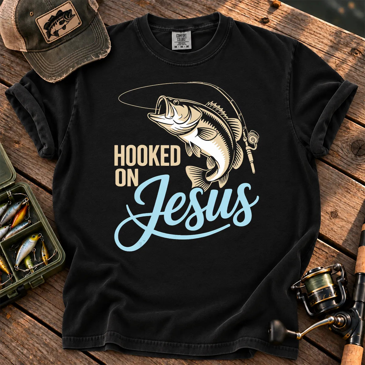 Hooked on Jesus Fishing T-Shirt in Black