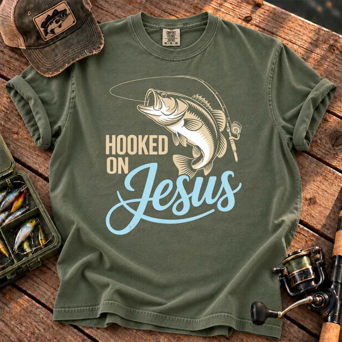 Hooked on Jesus Fishing T-Shirt in Moss
